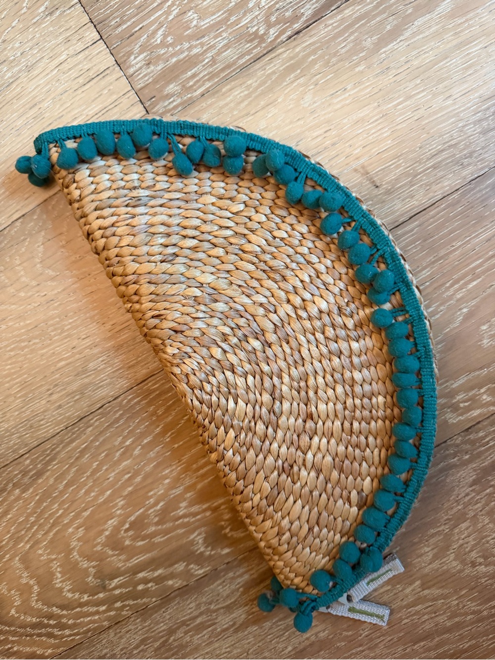Teal-Trim Woven Seagrass Half-Moon clutch NWOT